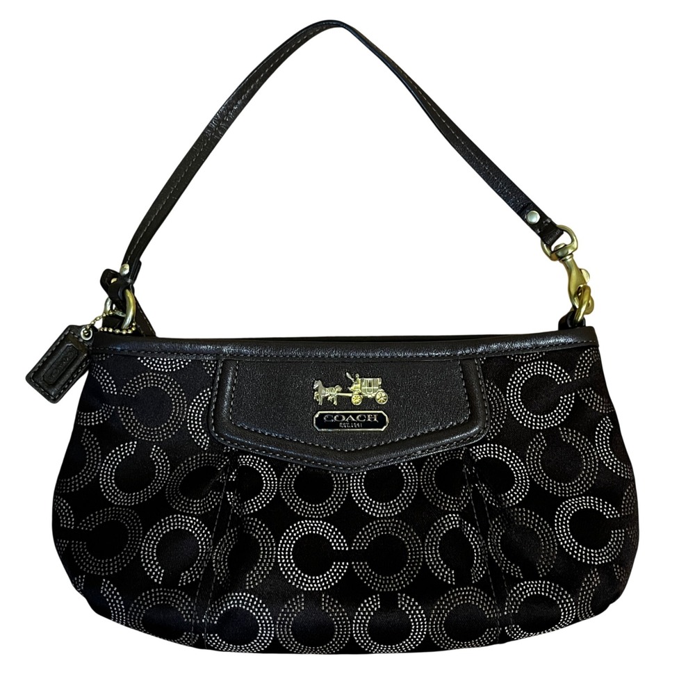 Y2K Coach Brown Silver Dotted Op Art Signature Satin Small Shoulder Bag Wristlet
